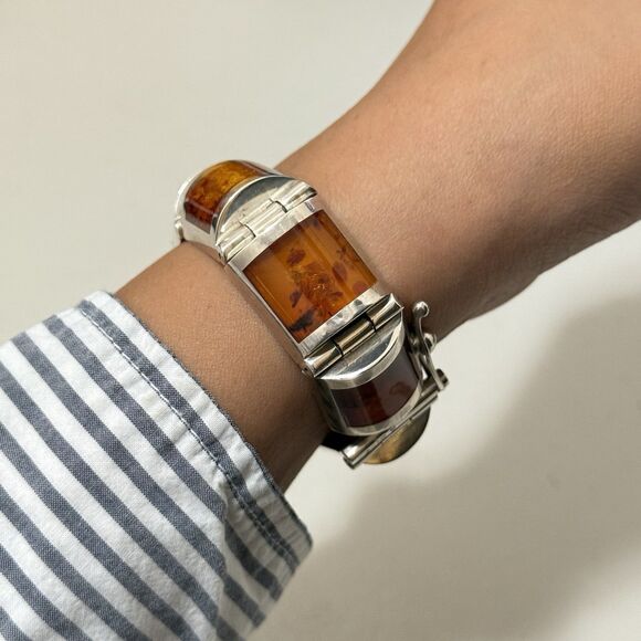 Vintage Heavy Baltic Amber Signed Size 7.5 Inches Sterling Box Bracelet - Picture 2 of 7